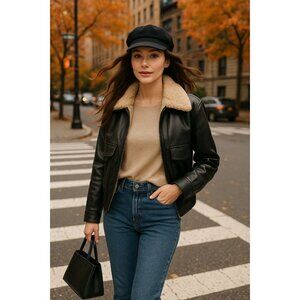 French Connection XL Faux Vegan Leather Bomber Jacket Shearling Collar Black